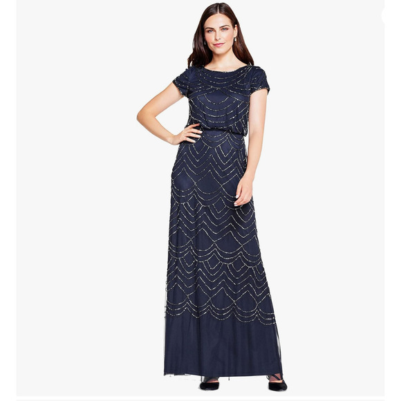 Adrianna Papell Dresses & Skirts - Adrianna Papell Short Sleeve Beaded Blouson Gown in Navy